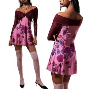 Urban Outfitters Kimchi Blue Sydney Pink Floral Off The Shoulder Mini Dress M